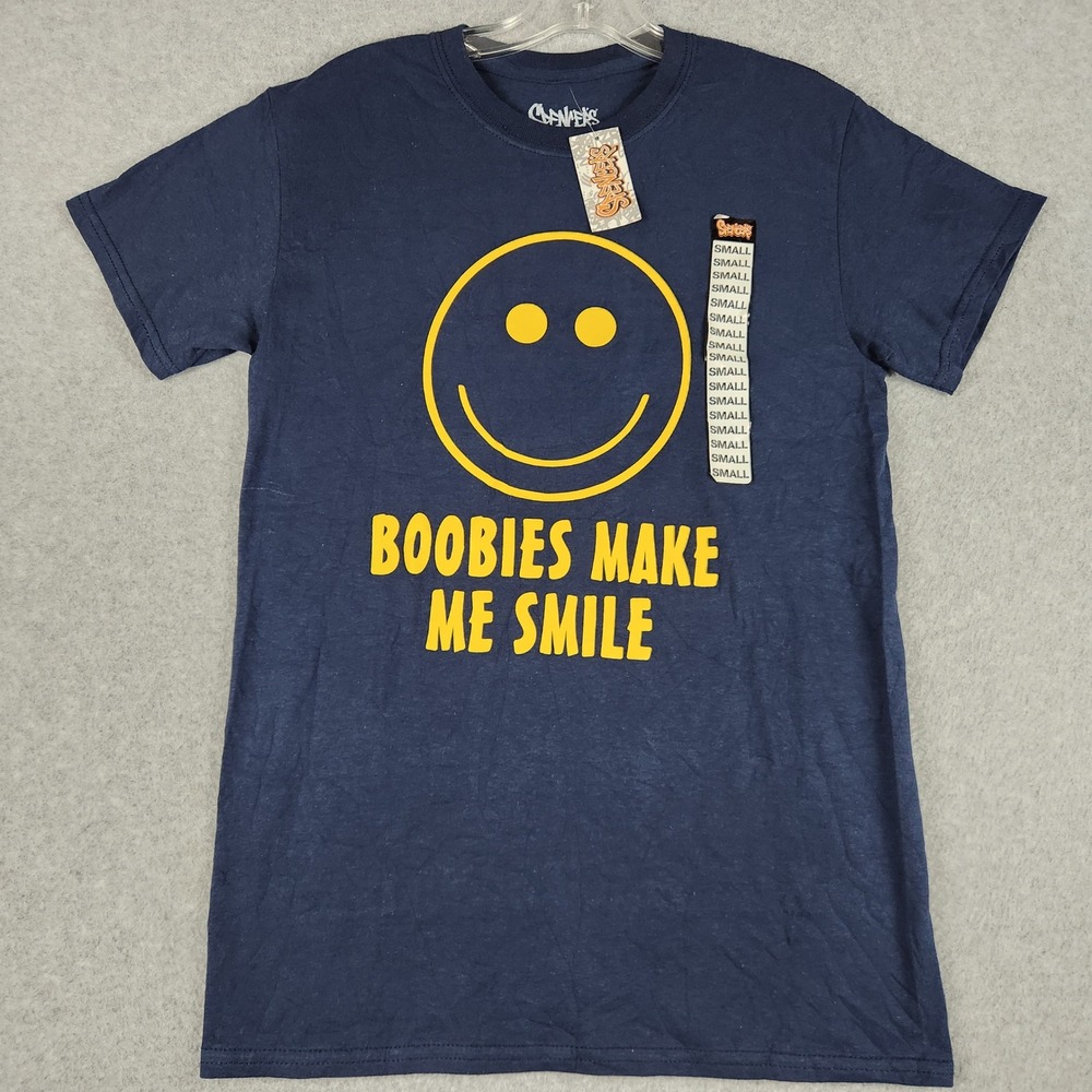 Spencer's Graphic Tee Mens Small Navy Cotton Boobies Make Me Smile Novelty Humor